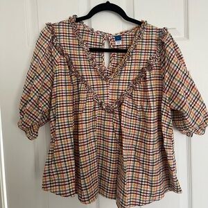 Multicolor Check Puff Sleeve Blouse